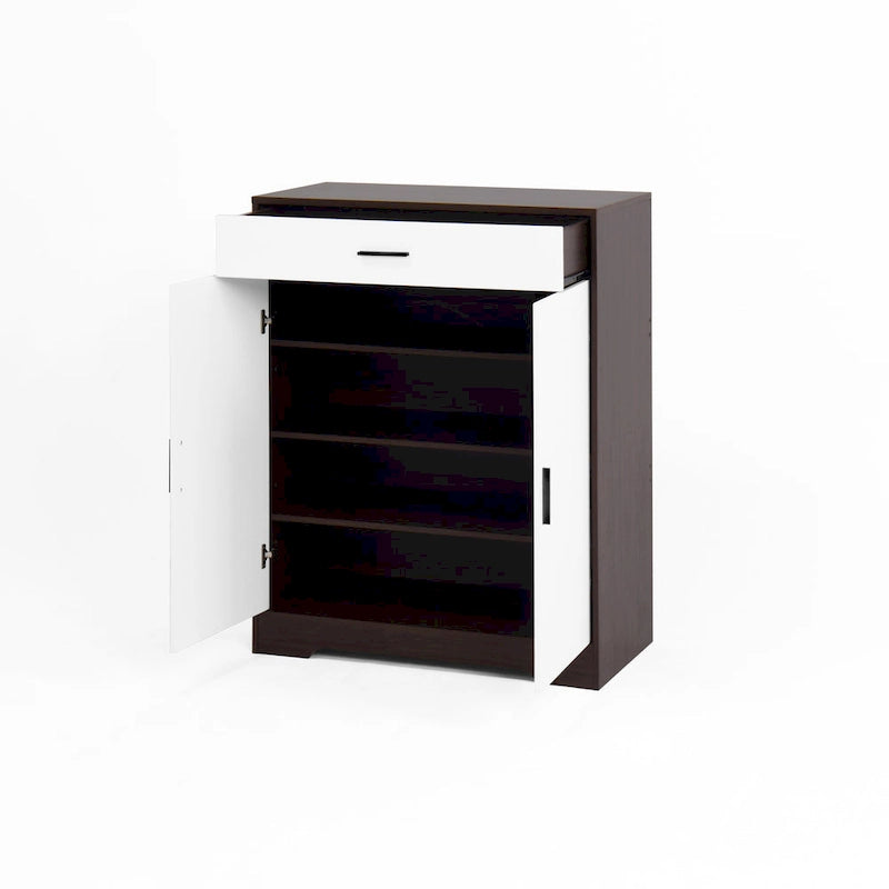Meuble à chaussures 4 niveaux Noyer / Naturel avec 2 portes, 1 tiroir et étagères réglables, style minimaliste
