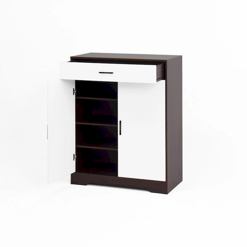 Meuble à chaussures 4 niveaux Noyer / Naturel avec 2 portes, 1 tiroir et étagères réglables, style minimaliste