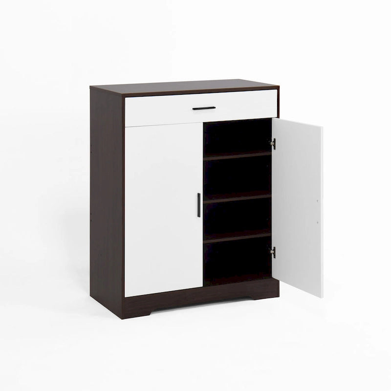 Meuble à chaussures 4 niveaux Noyer / Naturel avec 2 portes, 1 tiroir et étagères réglables, style minimaliste
