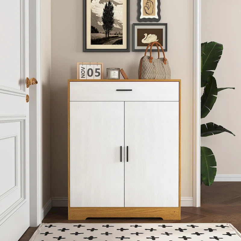 Meuble à chaussures 4 niveaux Noyer / Naturel avec 2 portes, 1 tiroir et étagères réglables, style minimaliste