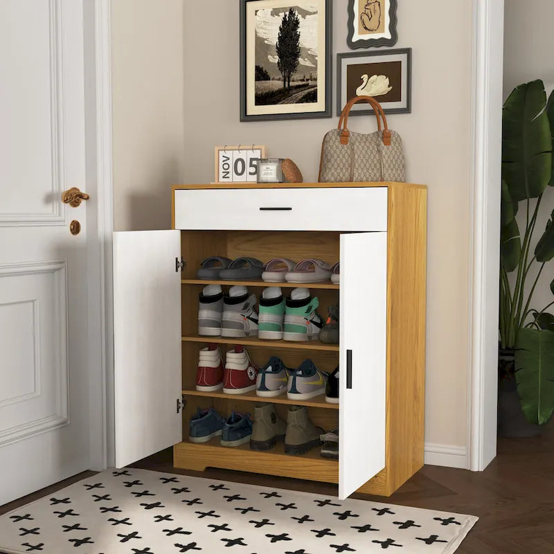 Meuble à chaussures 4 niveaux Noyer / Naturel avec 2 portes, 1 tiroir et étagères réglables, style minimaliste