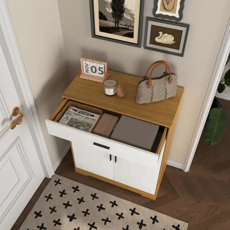 Meuble à chaussures 4 niveaux Noyer / Naturel avec 2 portes, 1 tiroir et étagères réglables, style minimaliste