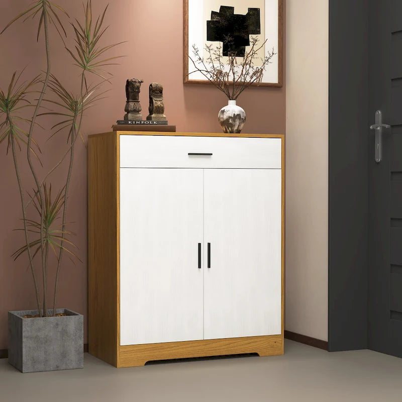Meuble à chaussures 4 niveaux Noyer / Naturel avec 2 portes, 1 tiroir et étagères réglables, style minimaliste
