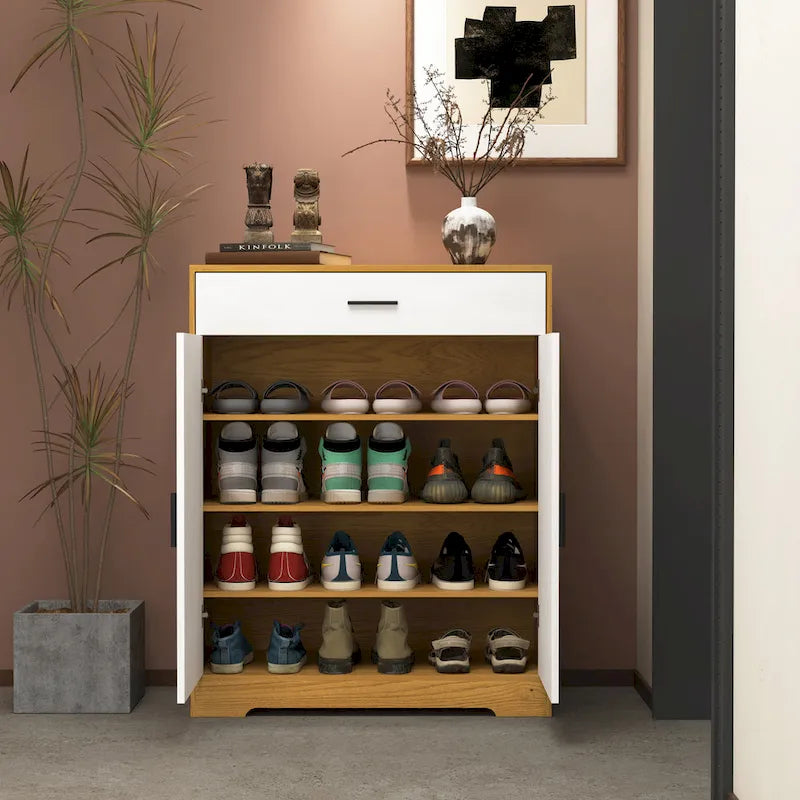 Meuble à chaussures 4 niveaux Noyer / Naturel avec 2 portes, 1 tiroir et étagères réglables, style minimaliste