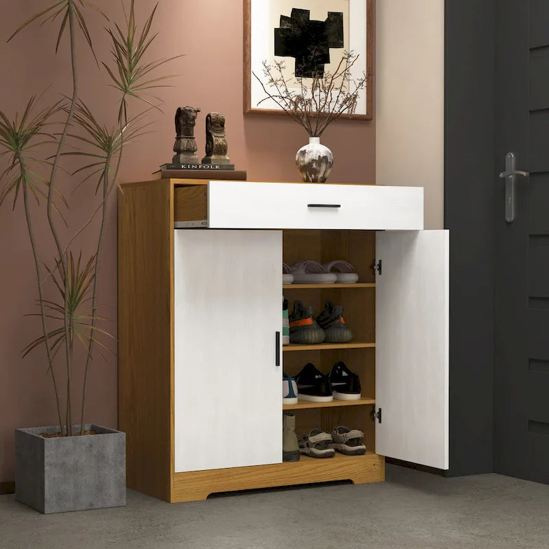 Meuble à chaussures 4 niveaux Noyer / Naturel avec 2 portes, 1 tiroir et étagères réglables, style minimaliste