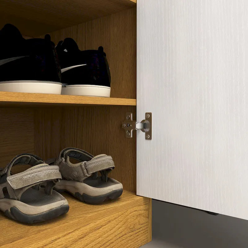 Meuble à chaussures 4 niveaux Noyer / Naturel avec 2 portes, 1 tiroir et étagères réglables, style minimaliste