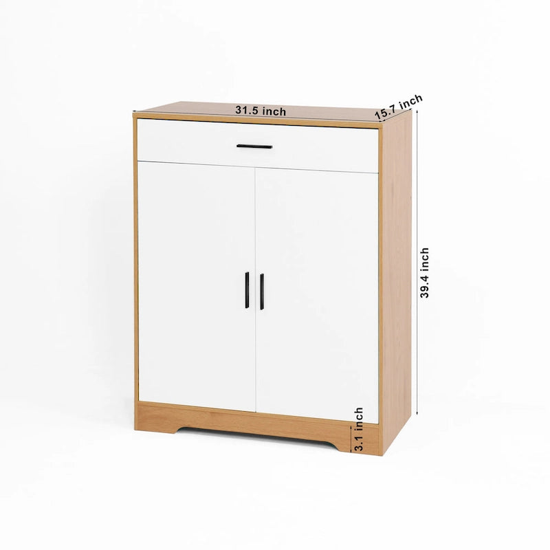 Meuble à chaussures 4 niveaux Noyer / Naturel avec 2 portes, 1 tiroir et étagères réglables, style minimaliste
