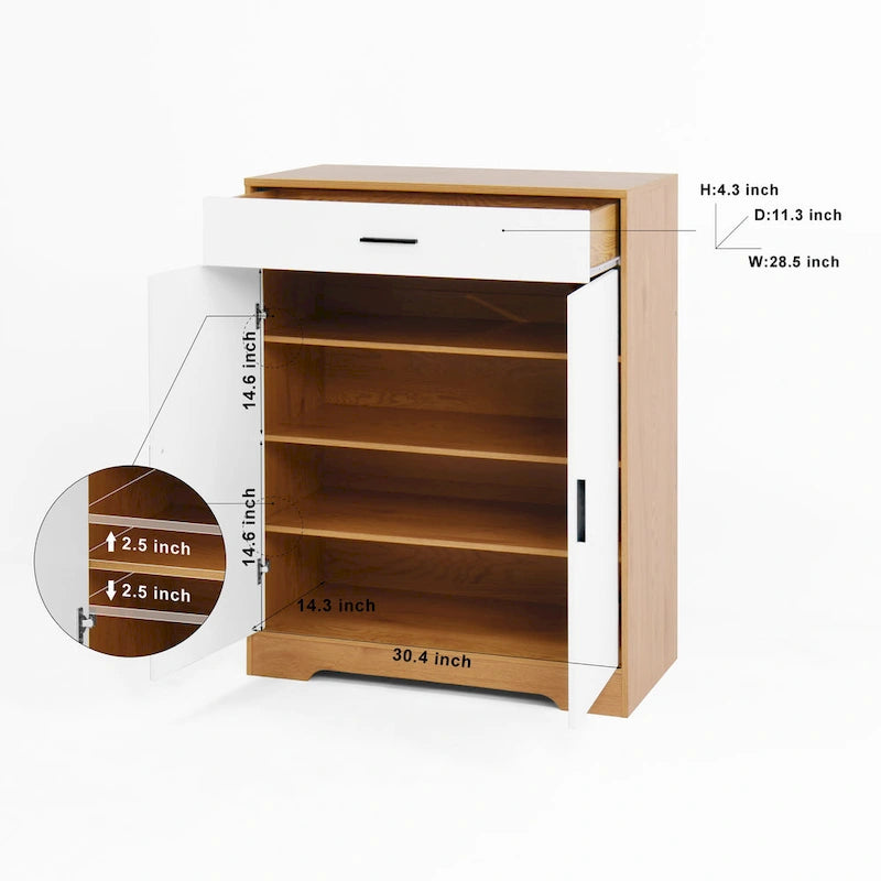 Meuble à chaussures 4 niveaux Noyer / Naturel avec 2 portes, 1 tiroir et étagères réglables, style minimaliste