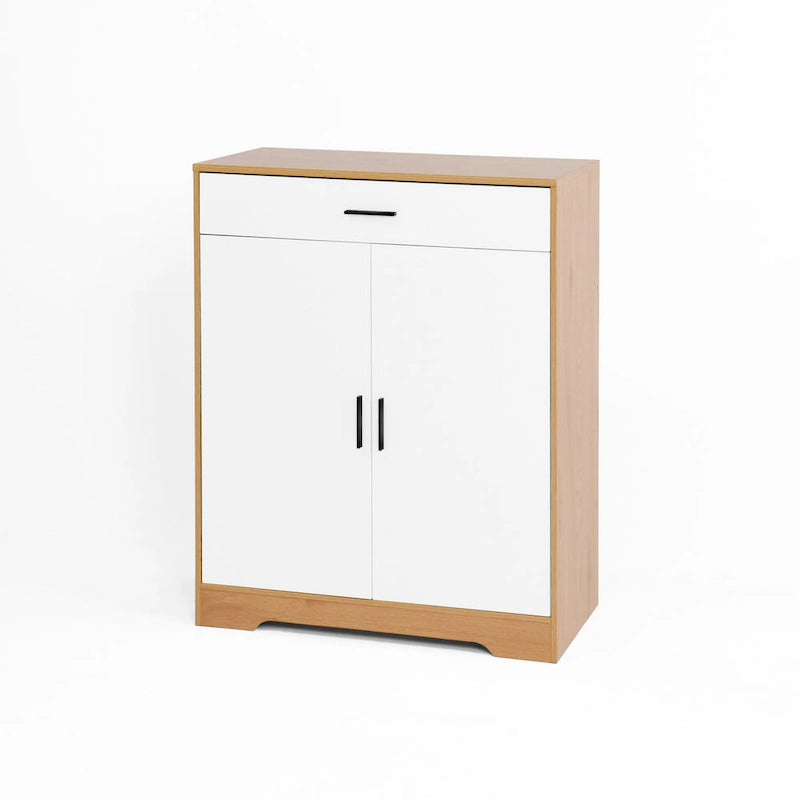 Meuble à chaussures 4 niveaux Noyer / Naturel avec 2 portes, 1 tiroir et étagères réglables, style minimaliste