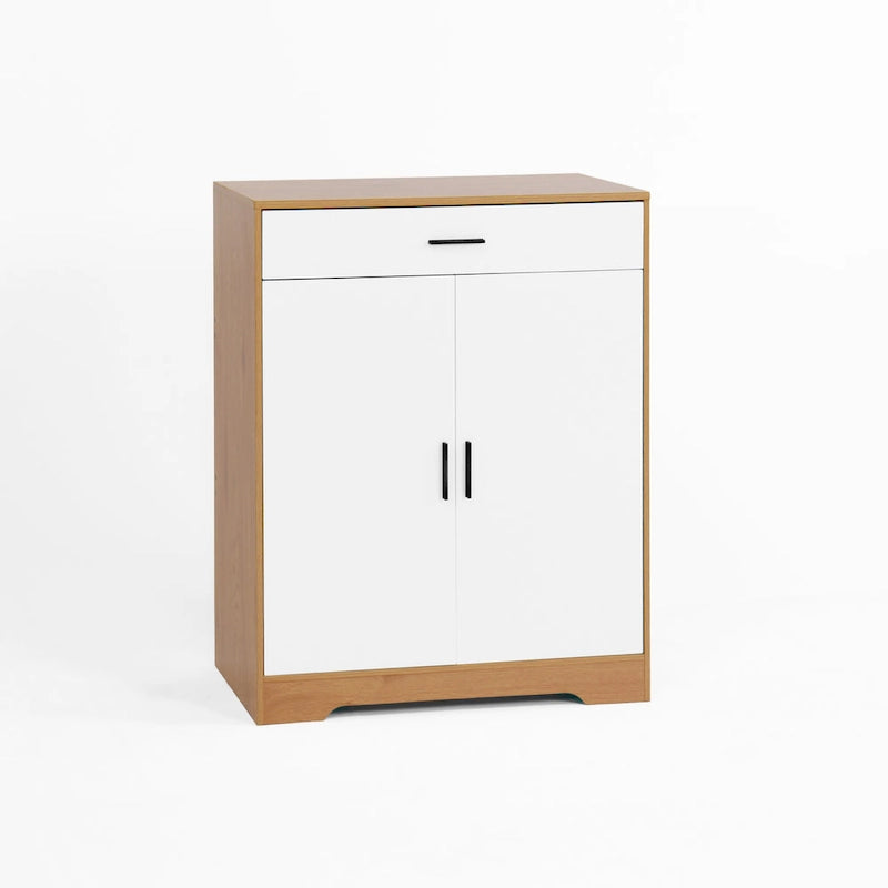 Meuble à chaussures 4 niveaux Noyer / Naturel avec 2 portes, 1 tiroir et étagères réglables, style minimaliste