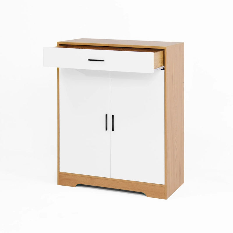 Meuble à chaussures 4 niveaux Noyer / Naturel avec 2 portes, 1 tiroir et étagères réglables, style minimaliste