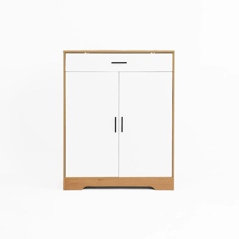 Meuble à chaussures 4 niveaux Noyer / Naturel avec 2 portes, 1 tiroir et étagères réglables, style minimaliste