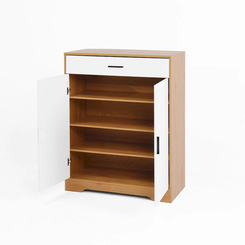 Meuble à chaussures 4 niveaux Noyer / Naturel avec 2 portes, 1 tiroir et étagères réglables, style minimaliste