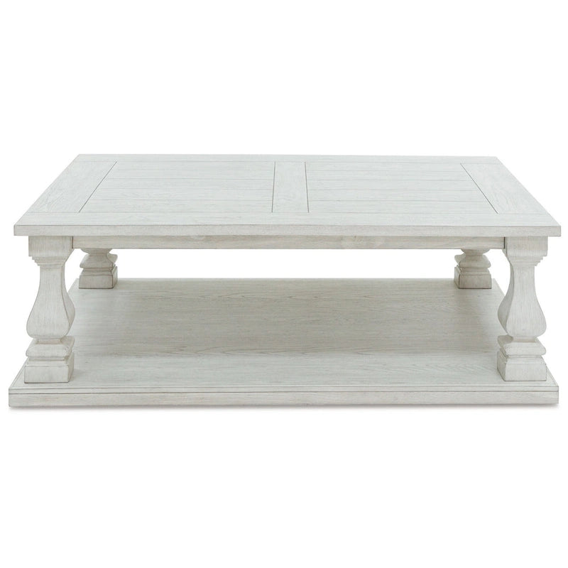 Table basse antique blanche à plateau traditionnel avec pieds balustres et étagère inférieure ouverte, 54 pouces, 1 personne