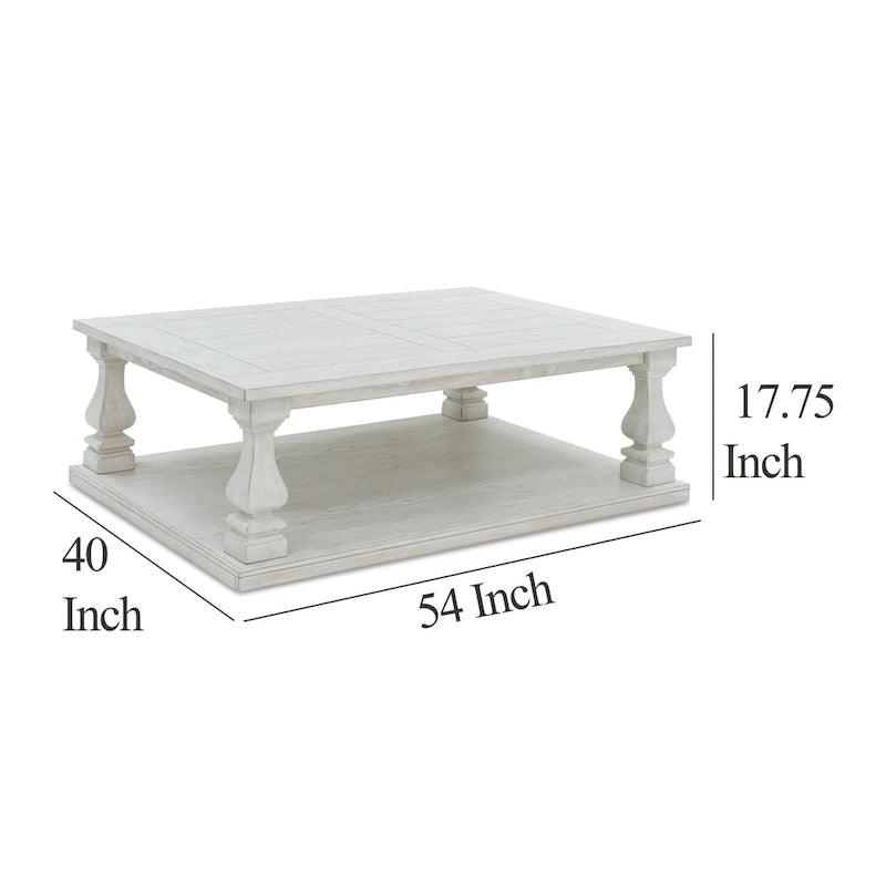 Table basse antique blanche à plateau traditionnel avec pieds balustres et étagère inférieure ouverte, 54 pouces, 1 personne