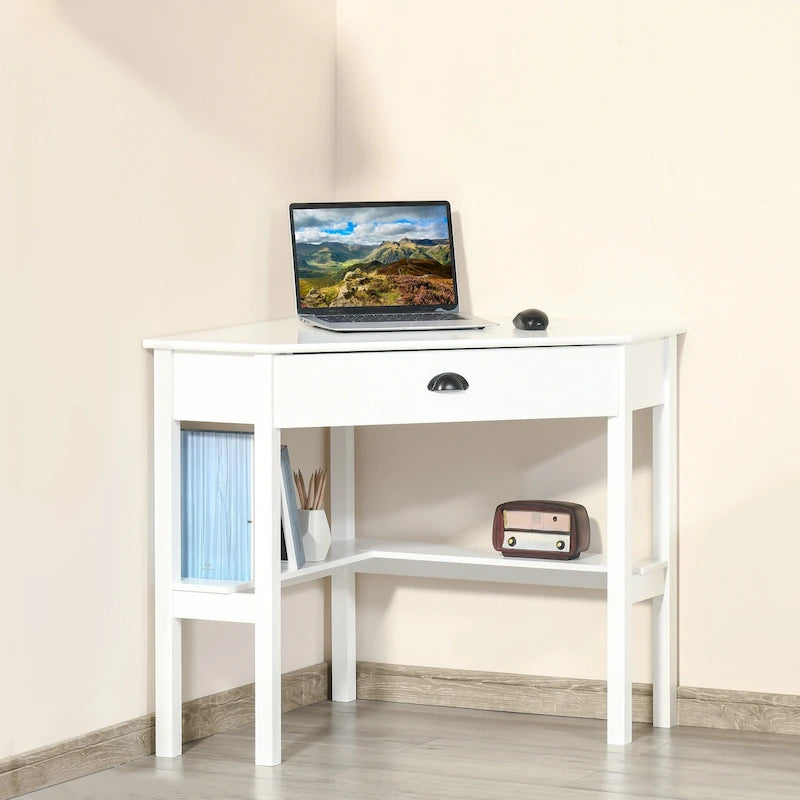 Bureau d'angle triangulaire blanc avec tiroir coulissant et 2 étagères ouvertes, style moderne, 1 personne