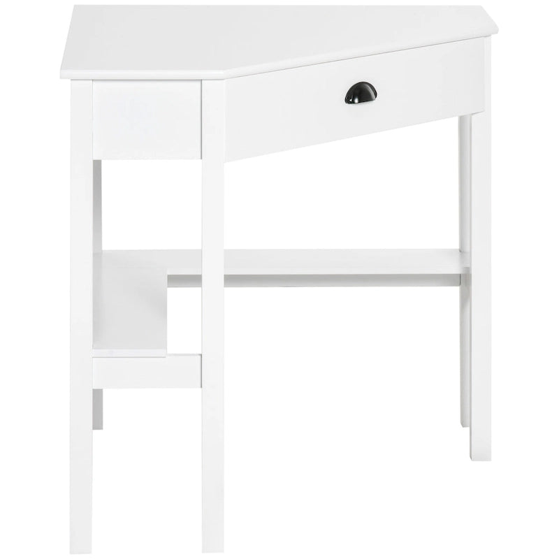 Bureau d'angle triangulaire blanc avec tiroir coulissant et 2 étagères ouvertes, style moderne, 1 personne
