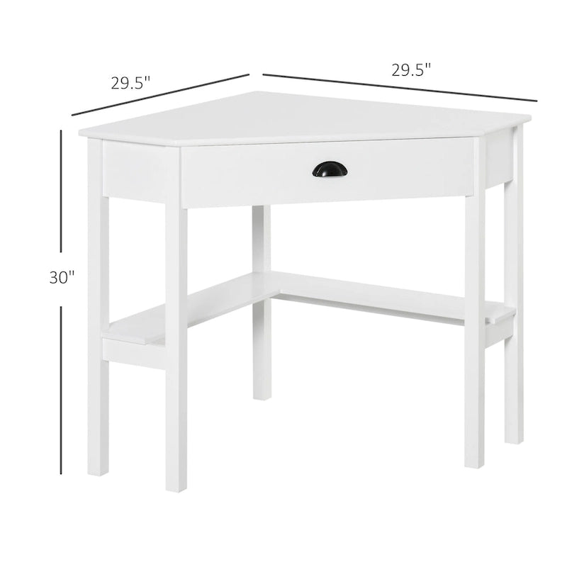 Bureau d'angle triangulaire blanc avec tiroir coulissant et 2 étagères ouvertes, style moderne, 1 personne
