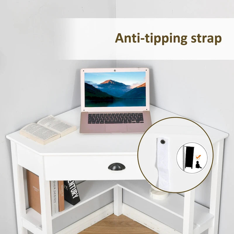 Bureau d'angle triangulaire blanc avec tiroir coulissant et 2 étagères ouvertes, style moderne, 1 personne