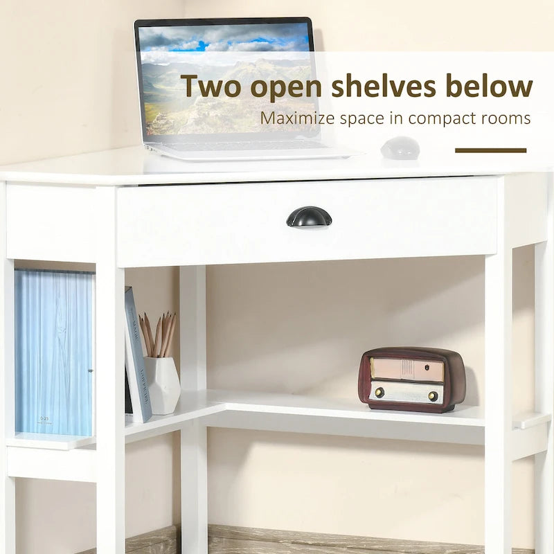Bureau d'angle triangulaire blanc avec tiroir coulissant et 2 étagères ouvertes, style moderne, 1 personne
