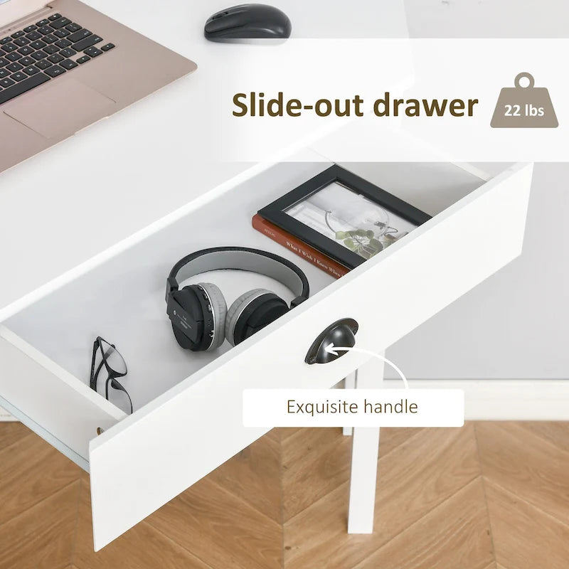 Bureau d'angle triangulaire blanc avec tiroir coulissant et 2 étagères ouvertes, style moderne, 1 personne