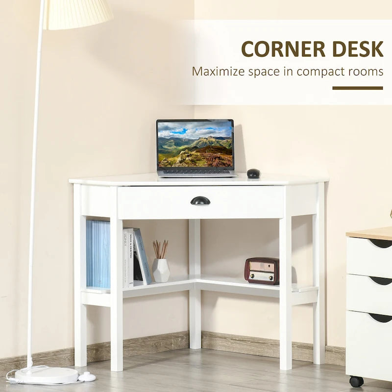 Bureau d'angle triangulaire blanc avec tiroir coulissant et 2 étagères ouvertes, style moderne, 1 personne