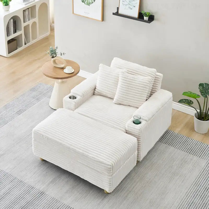 Canapé en velours côtelé blanc/vert/gris/noir avec accoudoirs de rangement et ottoman, 1 place