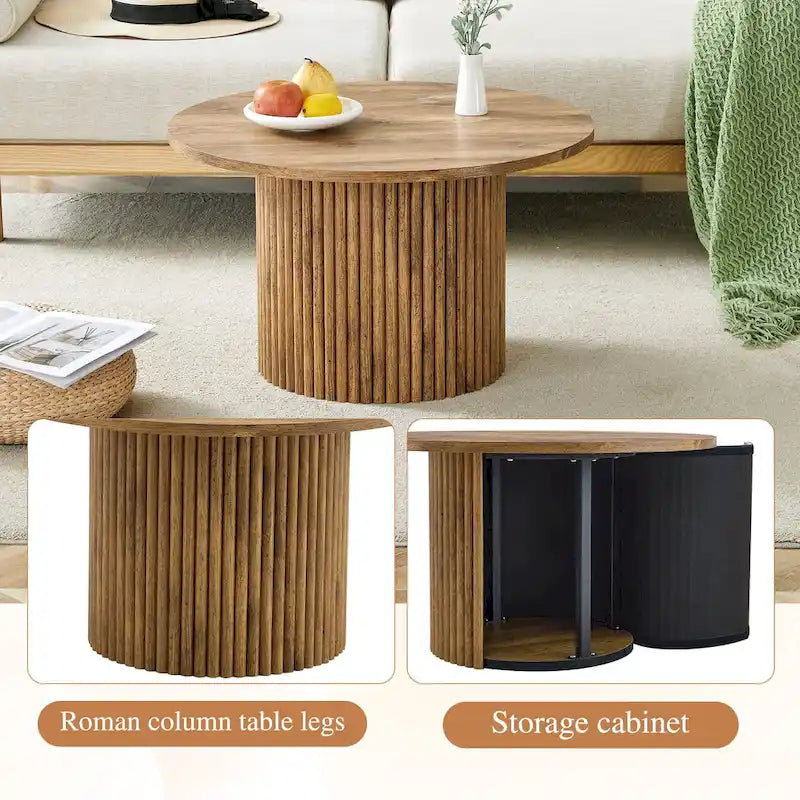 Table basse ronde en noyer avec pieds cylindriques sculptés et rangement dissimulé, style moderne, 1 personne