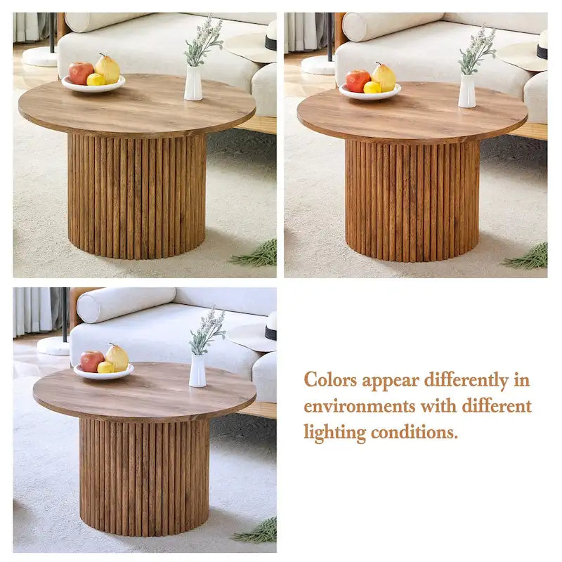 Table basse ronde en noyer avec pieds cylindriques sculptés et rangement dissimulé, style moderne, 1 personne