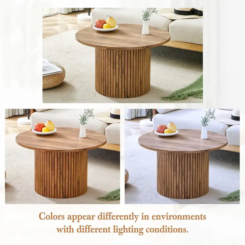 Table basse ronde en noyer avec pieds cylindriques sculptés et rangement dissimulé, style moderne, 1 personne