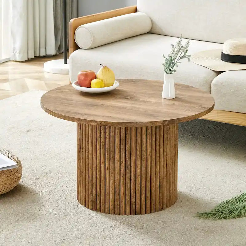 Table basse ronde en noyer avec pieds cylindriques sculptés et rangement dissimulé, style moderne, 1 personne