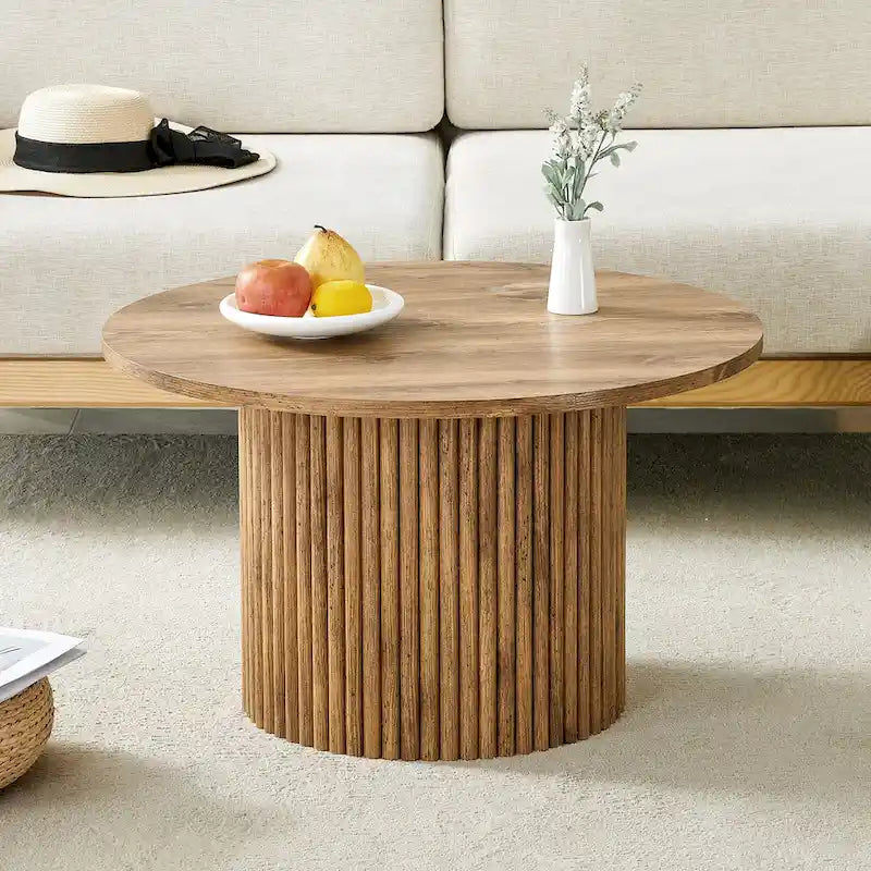 Table basse ronde en noyer avec pieds cylindriques sculptés et rangement dissimulé, style moderne, 1 personne