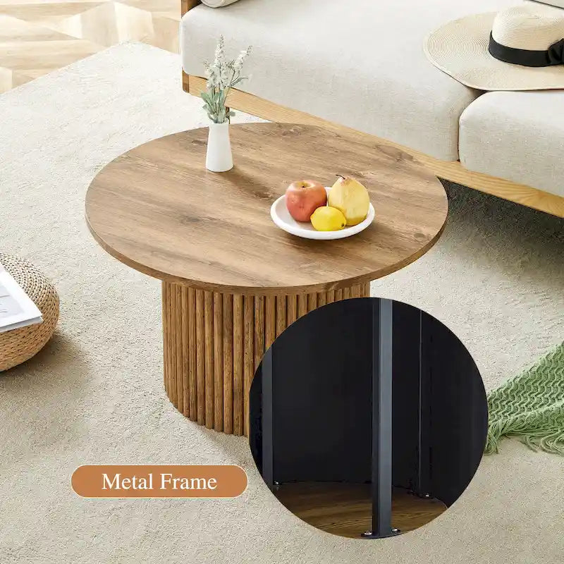 Table basse ronde en noyer avec pieds cylindriques sculptés et rangement dissimulé, style moderne, 1 personne