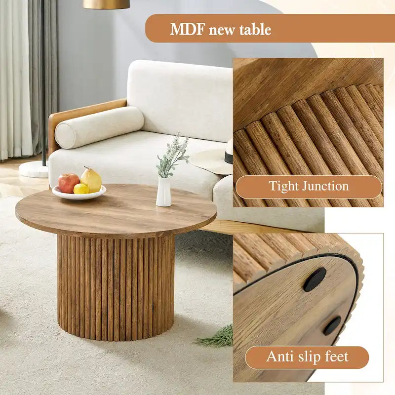 Table basse ronde en noyer avec pieds cylindriques sculptés et rangement dissimulé, style moderne, 1 personne