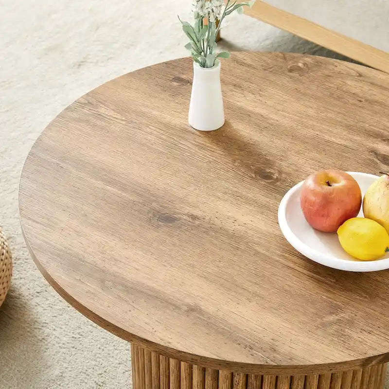 Table basse ronde en noyer avec pieds cylindriques sculptés et rangement dissimulé, style moderne, 1 personne