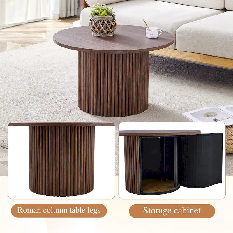 Table basse ronde en noyer avec pieds cylindriques sculptés et rangement dissimulé, style moderne, 1 personne