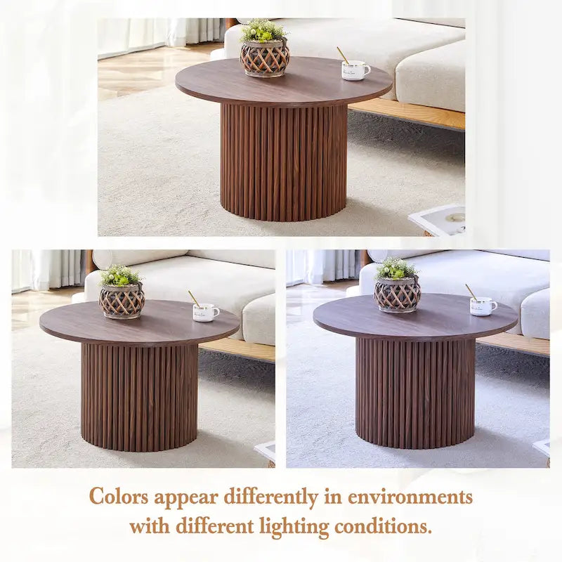 Table basse ronde en noyer avec pieds cylindriques sculptés et rangement dissimulé, style moderne, 1 personne