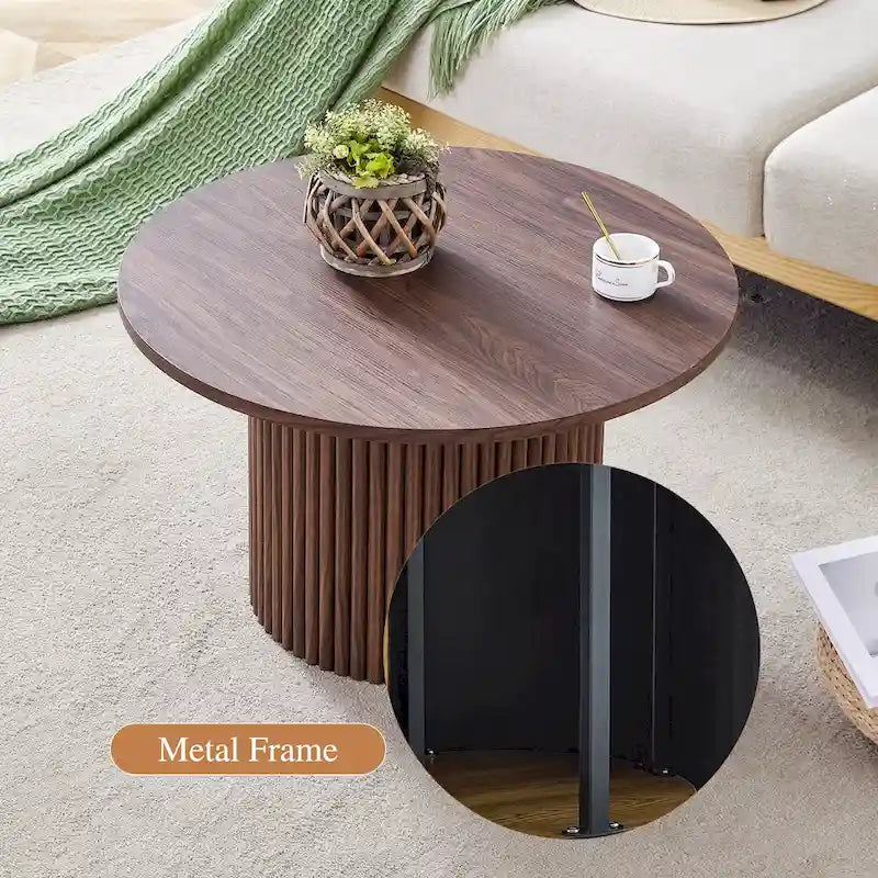 Table basse ronde en noyer avec pieds cylindriques sculptés et rangement dissimulé, style moderne, 1 personne