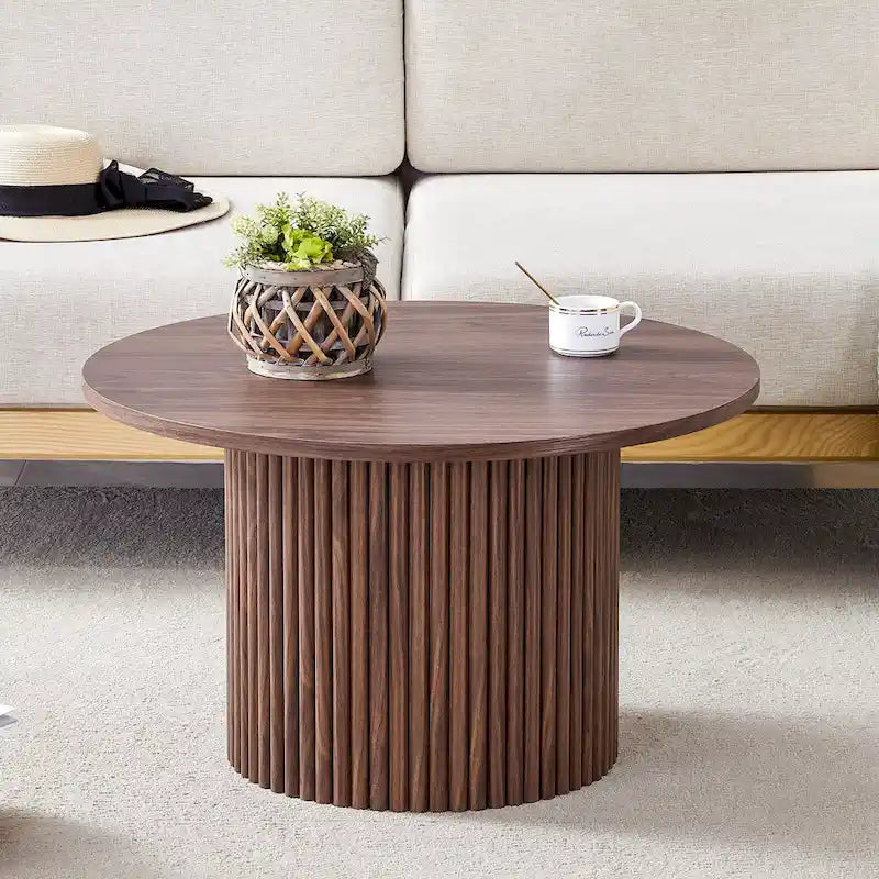 Table basse ronde en noyer avec pieds cylindriques sculptés et rangement dissimulé, style moderne, 1 personne