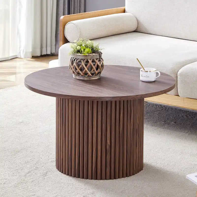 Table basse ronde en noyer avec pieds cylindriques sculptés et rangement dissimulé, style moderne, 1 personne