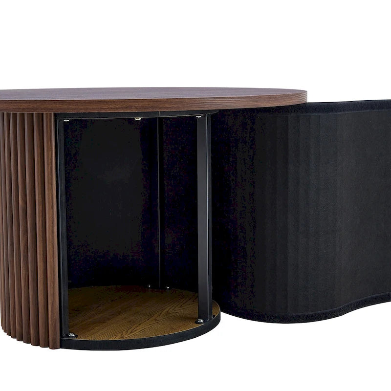 Table basse ronde en noyer avec pieds cylindriques sculptés et rangement dissimulé, style moderne, 1 personne
