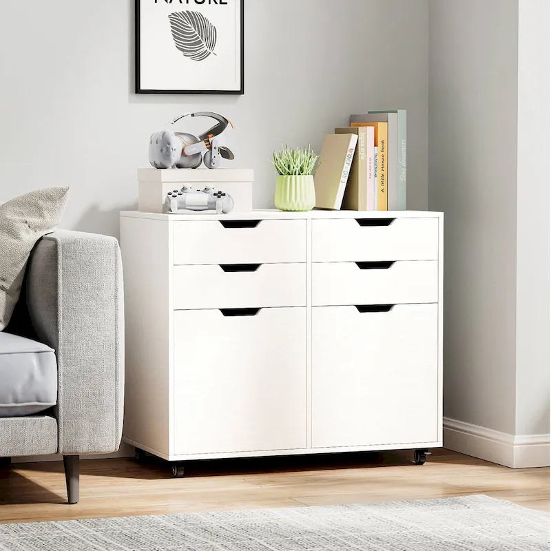 Meuble de rangement à 4 tiroirs avec roulettes et support d'imprimante – Blanc