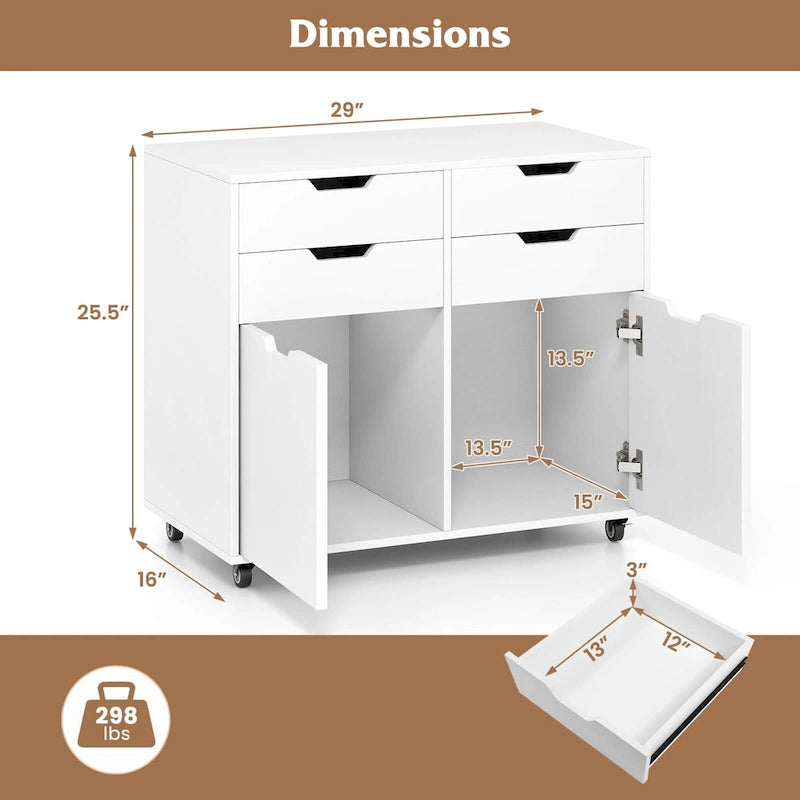 Meuble de rangement à 4 tiroirs avec roulettes et support d'imprimante – Blanc