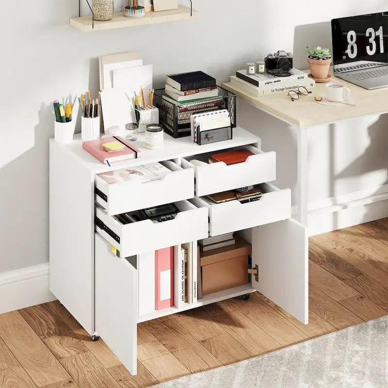 Meuble de rangement à 4 tiroirs avec roulettes et support d'imprimante – Blanc