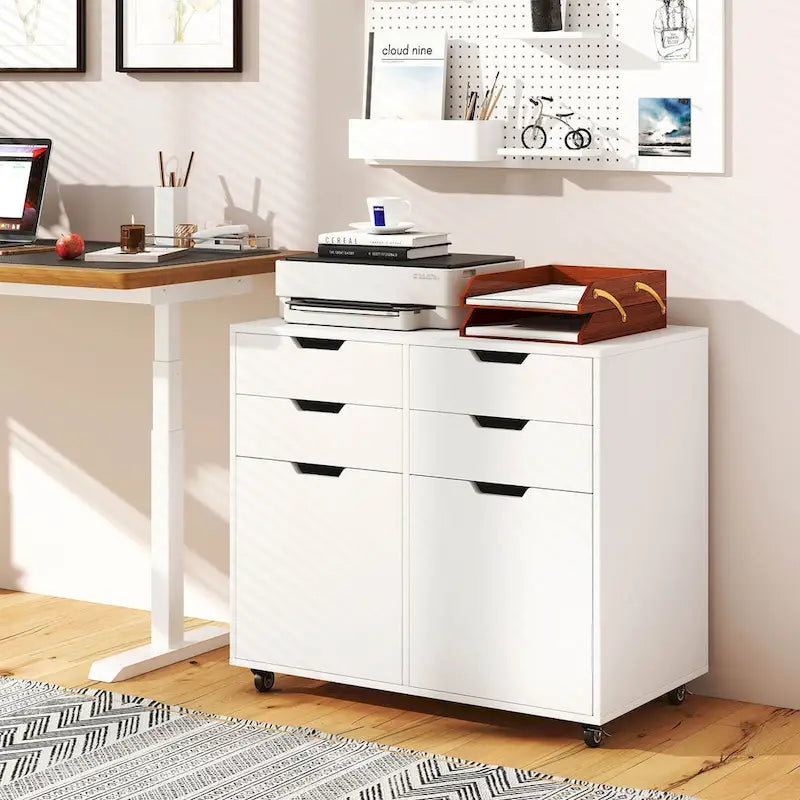 Meuble de rangement à 4 tiroirs avec roulettes et support d'imprimante – Blanc