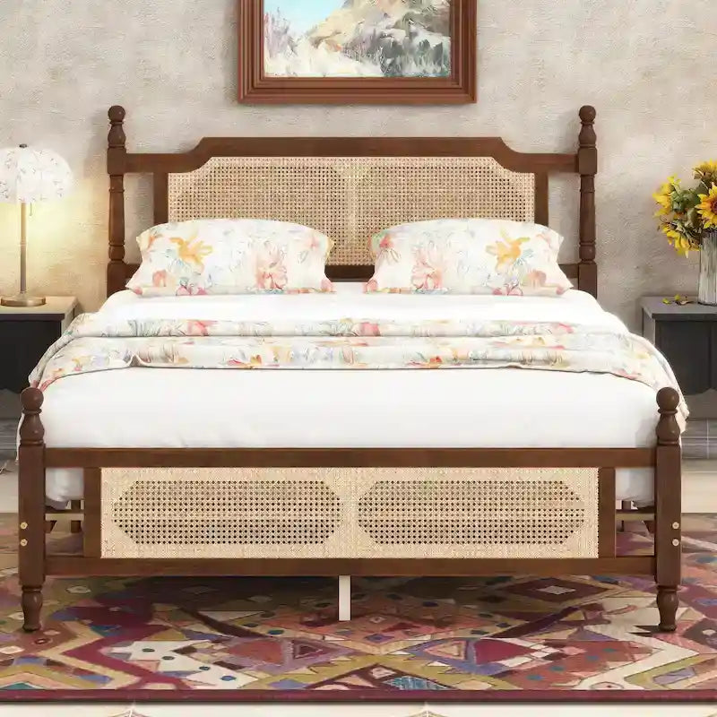 Lit plateforme queen en bois de pin rustique noyer avec tête et pied de lit en rotin tressé, rangement sous le lit, 2 personnes
