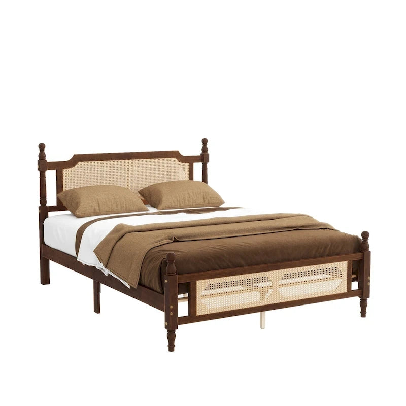 Lit plateforme queen en bois de pin rustique noyer avec tête et pied de lit en rotin tressé, rangement sous le lit, 2 personnes