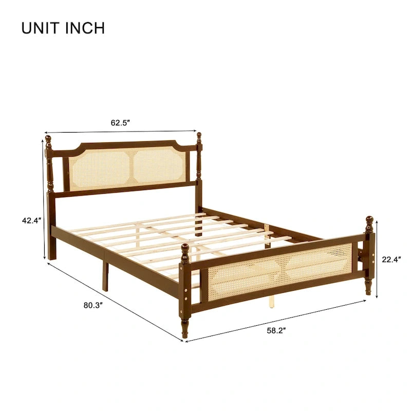Lit plateforme queen en bois de pin rustique noyer avec tête et pied de lit en rotin tressé, rangement sous le lit, 2 personnes