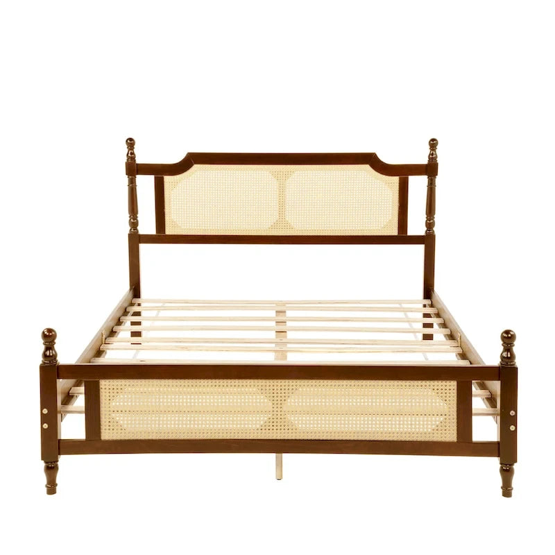 Lit plateforme queen en bois de pin rustique noyer avec tête et pied de lit en rotin tressé, rangement sous le lit, 2 personnes