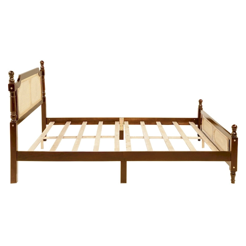 Lit plateforme queen en bois de pin rustique noyer avec tête et pied de lit en rotin tressé, rangement sous le lit, 2 personnes
